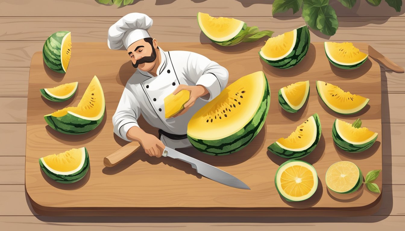 A chef slicing a yellow watermelon with a large knife on a wooden cutting board