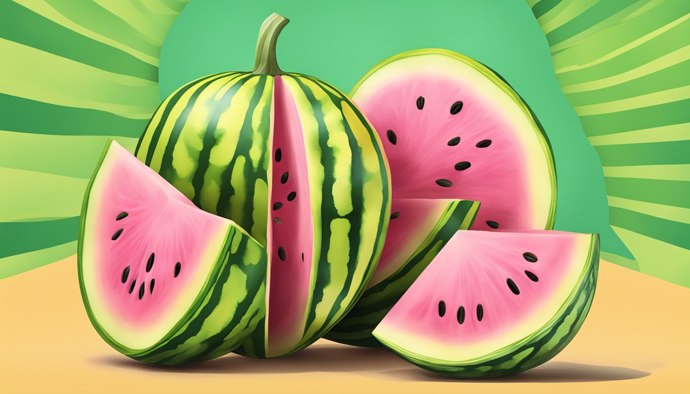 A vibrant yellow watermelon with green stripes, cut open to reveal the juicy pink flesh inside