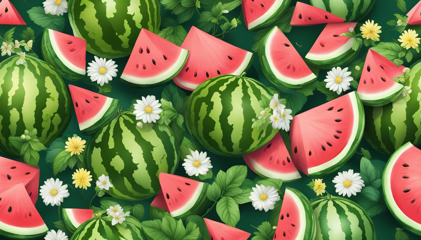 A watermelon patch in the summer with ripe, green watermelons surrounded by blooming flowers and lush greenery