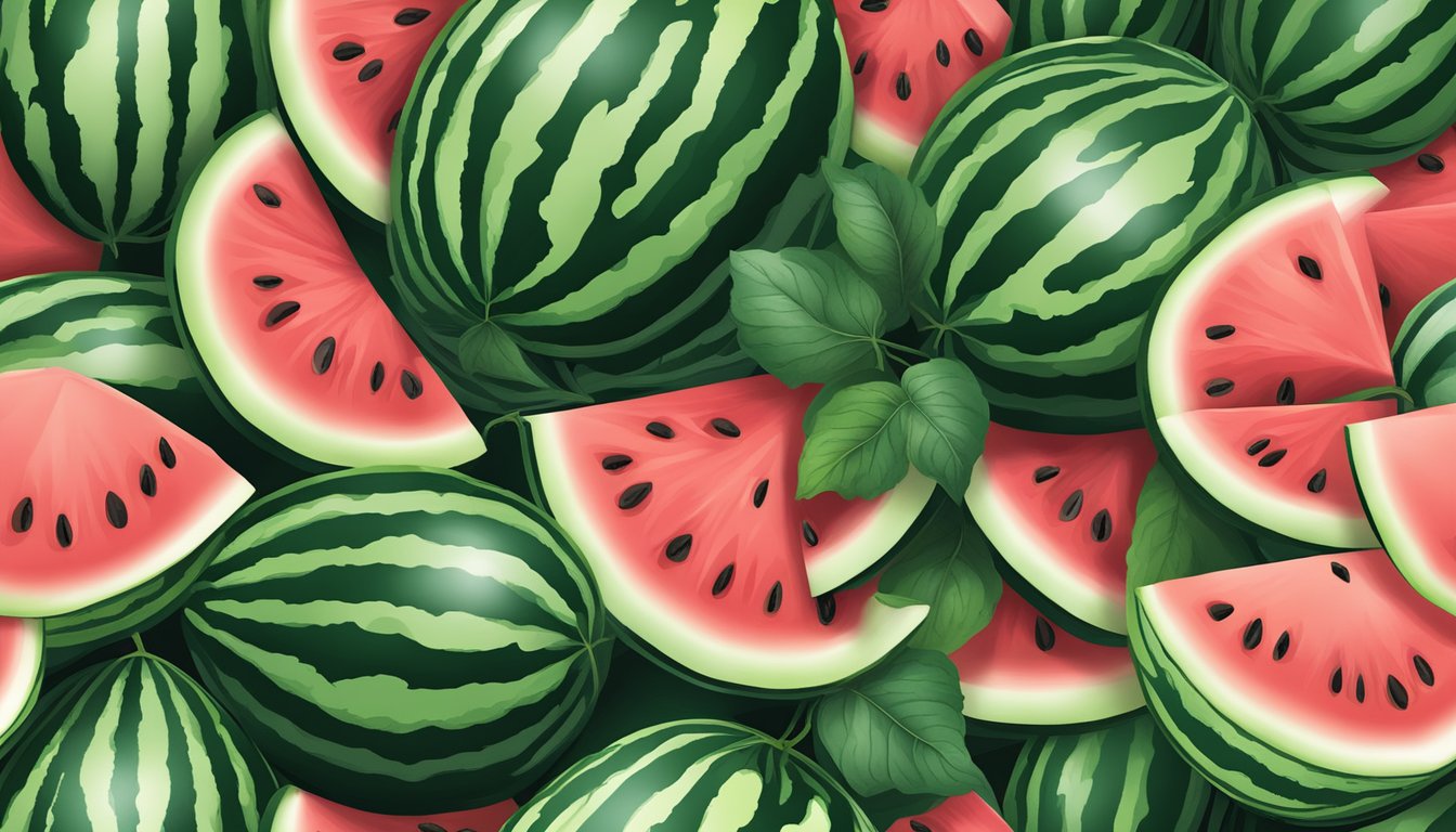 A watermelon vine with vibrant green leaves and a ripe, deep green watermelon with contrasting lighter stripes