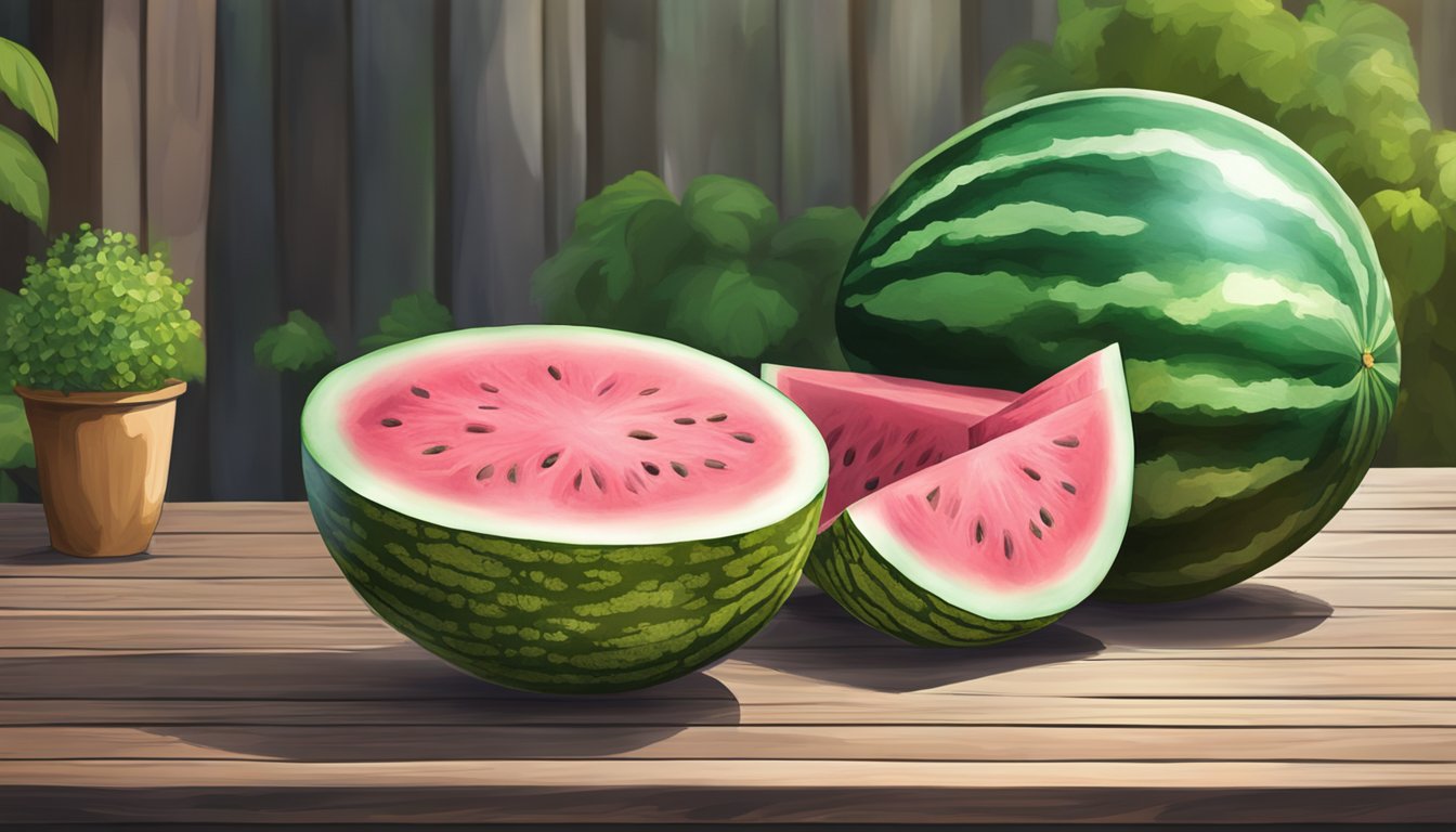 A whole watermelon with its original green and pink colors, sitting on a wooden table in a rustic outdoor setting