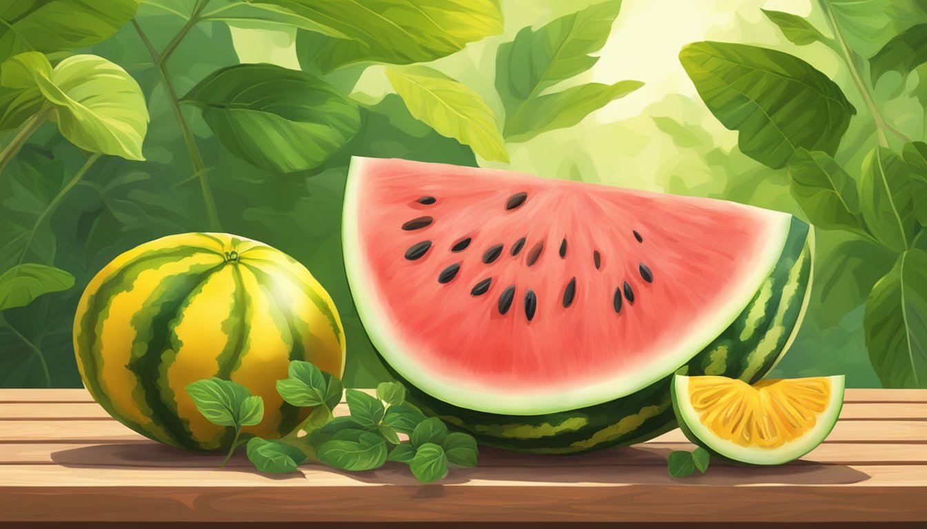 A ripe watermelon with yellow skin sits on a wooden table, surrounded by vibrant green leaves and a warm, sunny backdrop