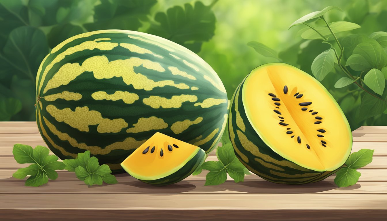 A ripe yellow watermelon sits on a wooden table, surrounded by a lush green garden