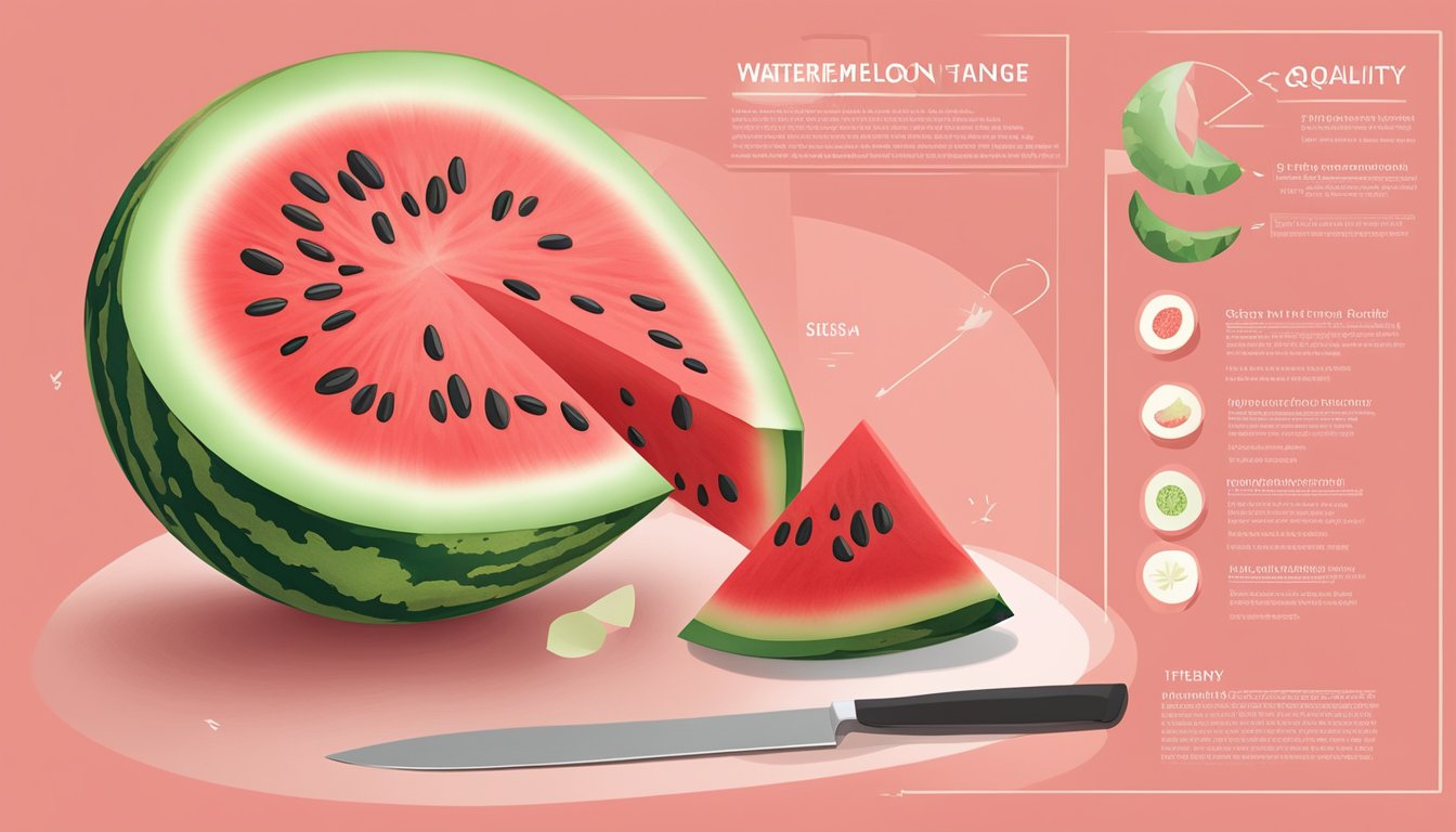 A watermelon being sliced open, revealing the vibrant red flesh and seeds, with a chart displaying factors affecting watermelon quality in the background