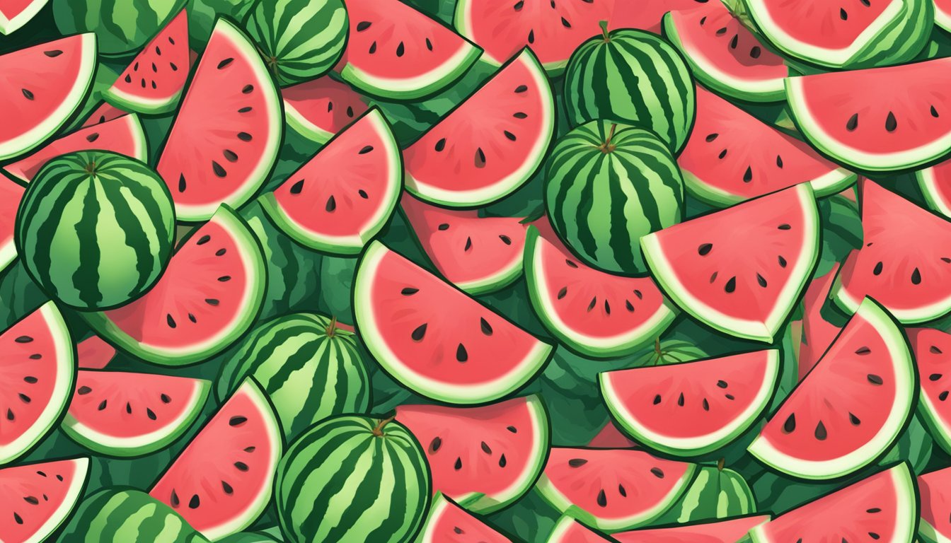 A lush watermelon patch with various sizes and colors of watermelons, some sliced open to reveal their juicy, sweet flesh