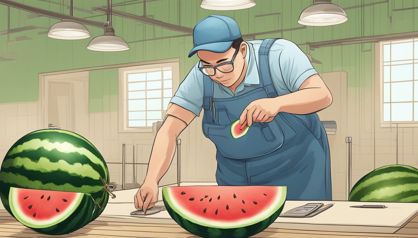 A watermelon being inspected and graded according to quality standards and regulations