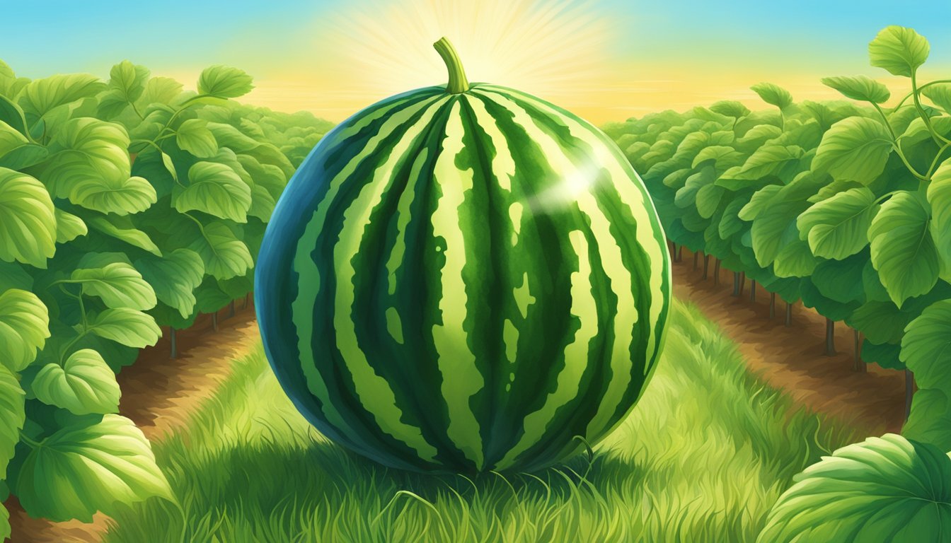 A ripe watermelon growing in a sun-drenched field, surrounded by lush green vines and clear blue skies