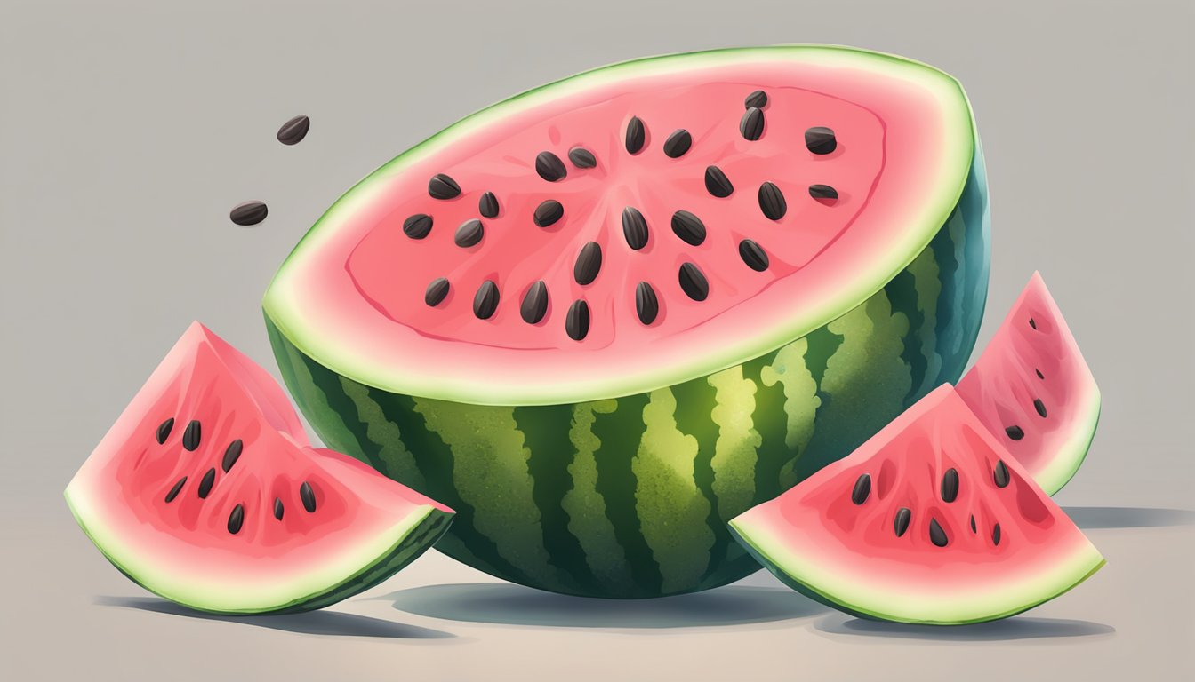 A ripe watermelon being sliced open, revealing its vibrant pink flesh and juicy seeds, with a sweet aroma filling the air