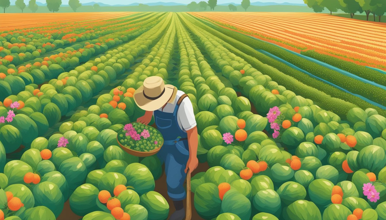 A farmer carefully inspects rows of ripe watermelons, selecting the roundest and most vibrant ones for testing. Nearby, a cluster of bees buzzes around a patch of blooming wildflowers