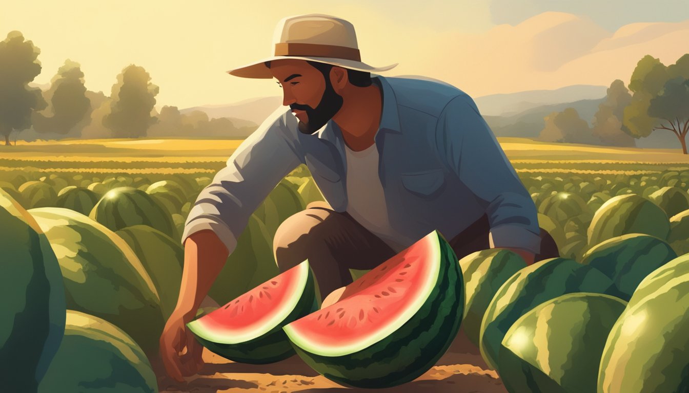 A farmer inspects a watermelon in a field, surrounded by other ripe fruits. The sun shines down on the patch, casting shadows on the ground