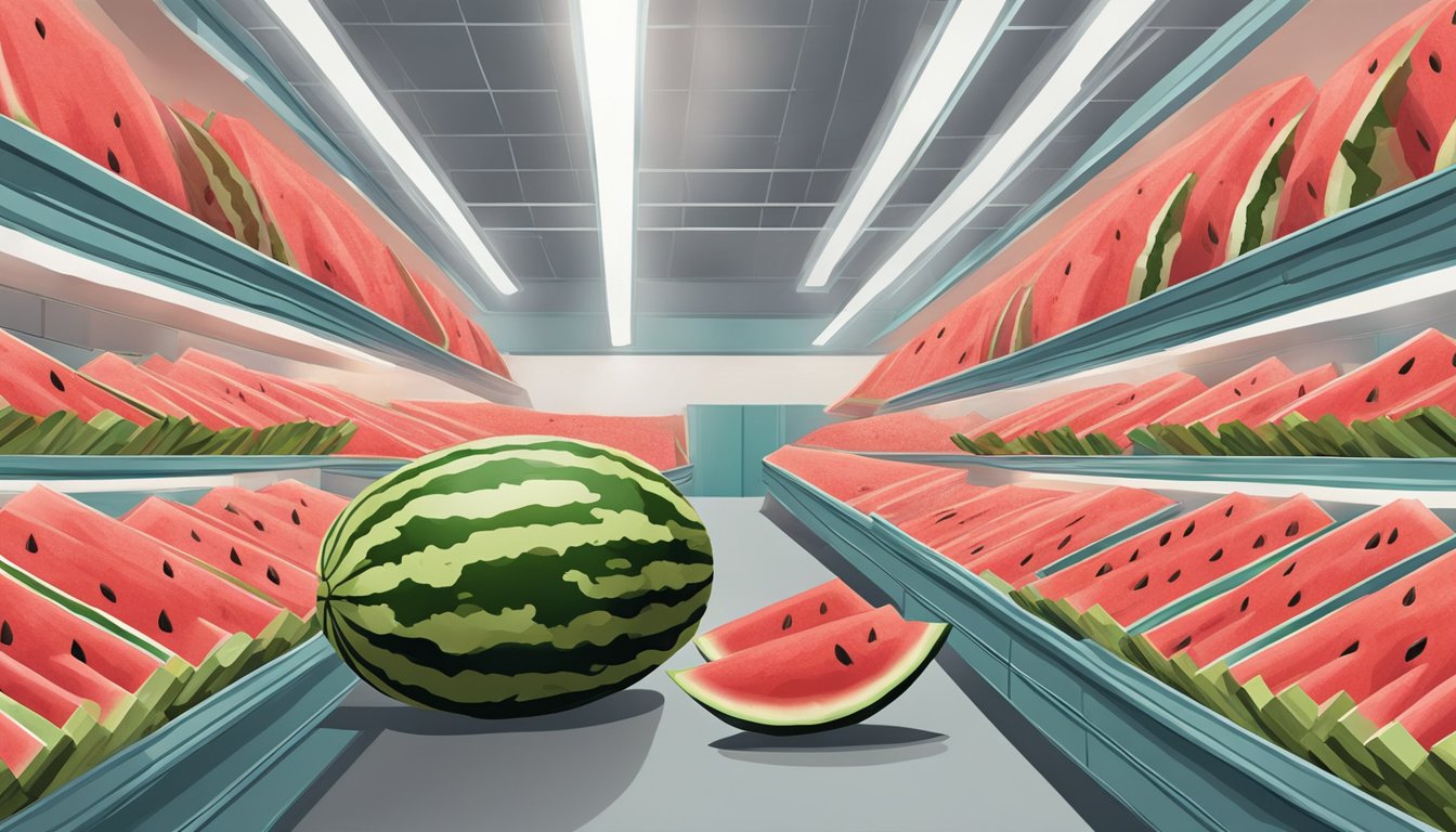 A hand reaches for a ripe watermelon, placing it in a cool, dry storage area