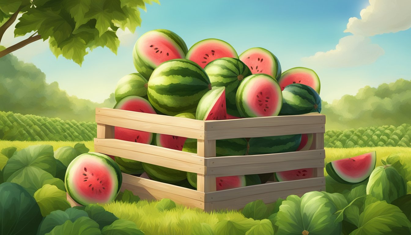 Ripe watermelons stacked in a wooden crate, surrounded by lush green vines and leaves in a sunny field