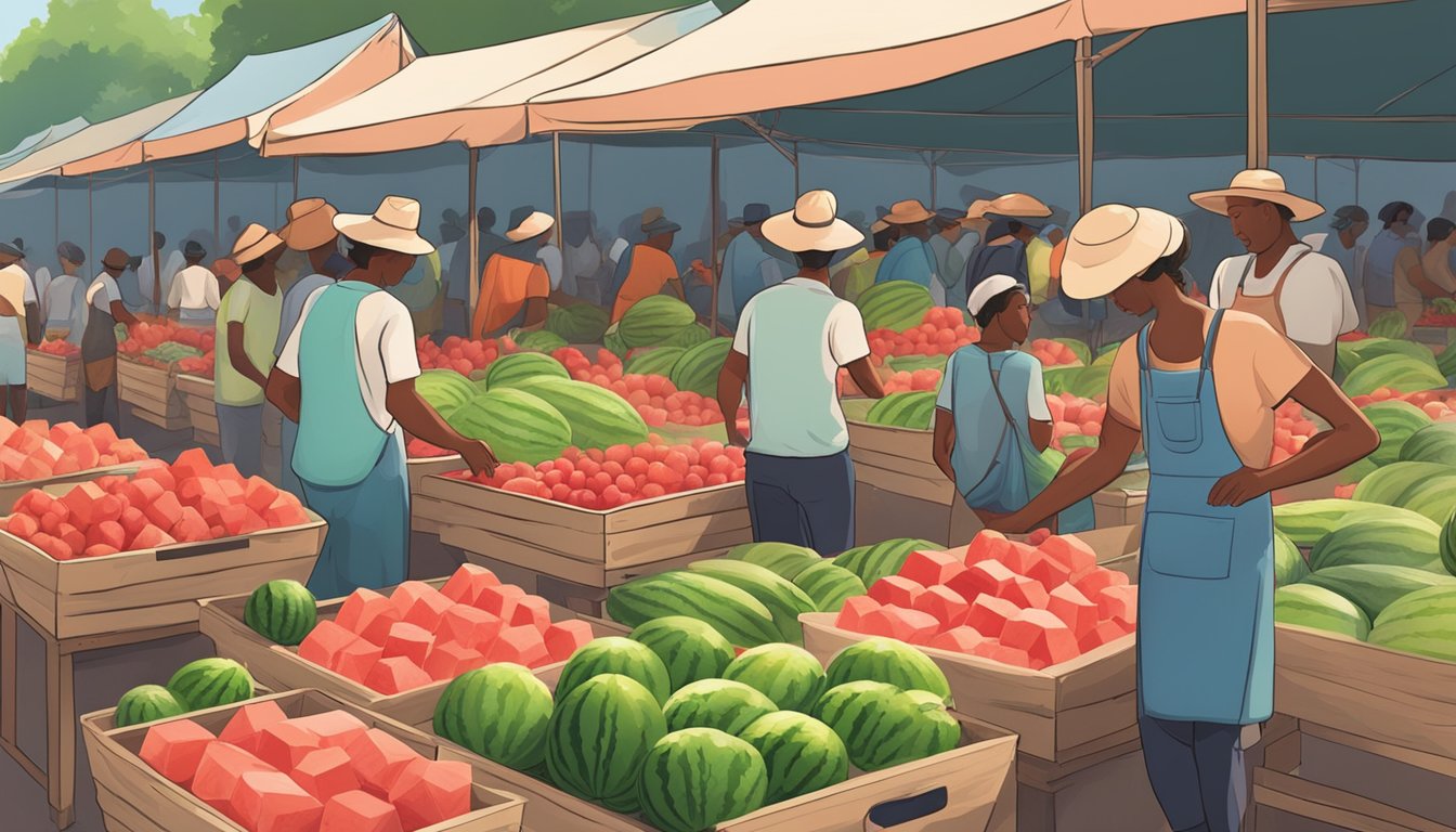 A bustling outdoor market with rows of watermelon stalls. Vendors carefully selecting and arranging ripe, juicy watermelons for customers to choose from