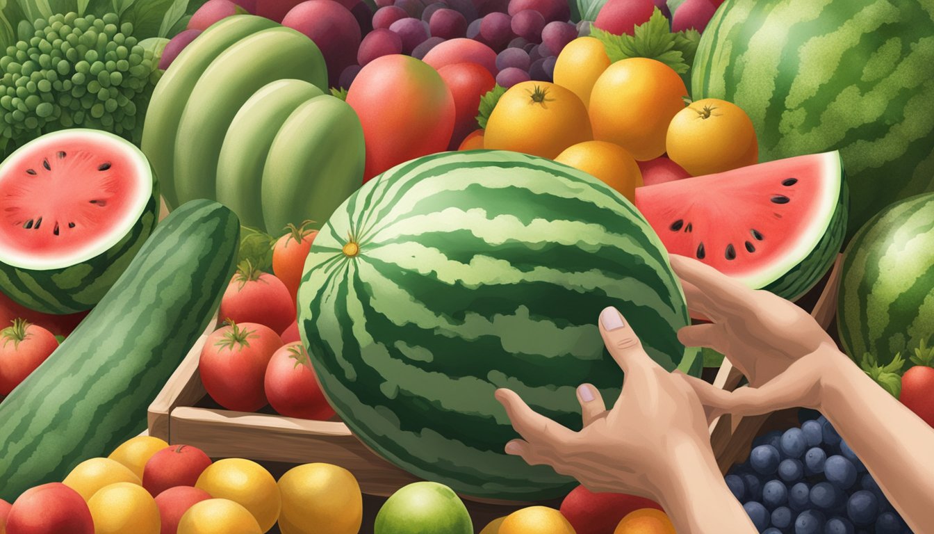 A hand reaching for a ripe, green-striped watermelon in a farmer's market display, surrounded by other fresh fruits and vegetables