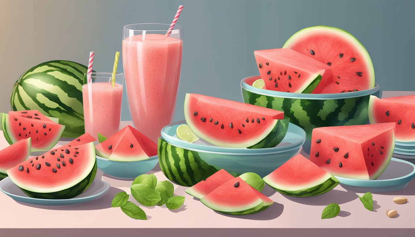 A table with a variety of watermelon dishes: slices, salad, smoothie, and sorbet, surrounded by fresh watermelon halves and seeds