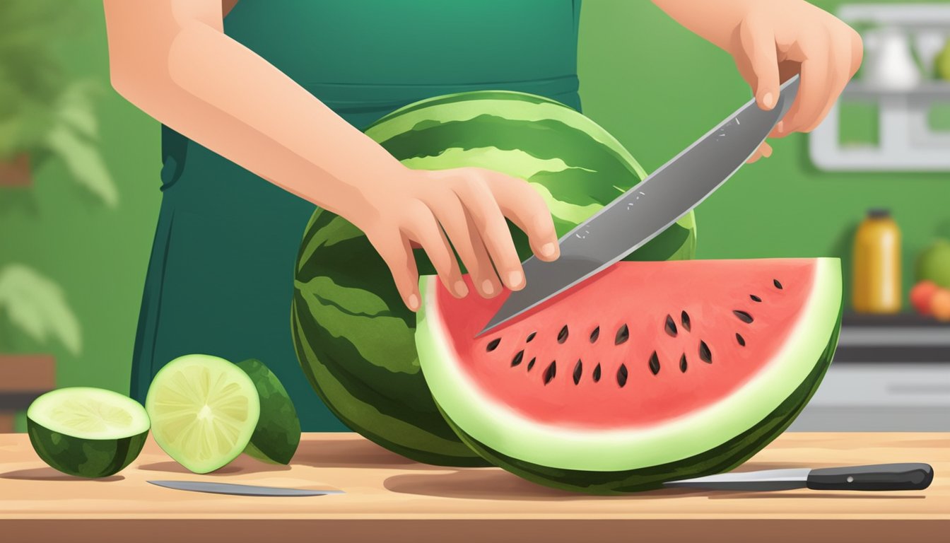 A watermelon is being cut with a knife, with two fingers measuring the thickness of the slice