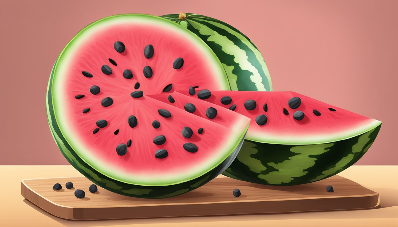 A ripe watermelon sliced into two equal halves, with vibrant pink flesh and black seeds, sits on a wooden cutting board