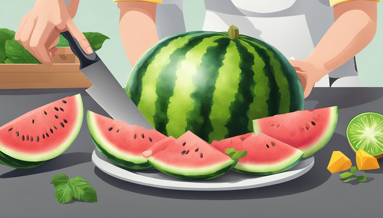 A watermelon being cut with two fingers measuring the thickness