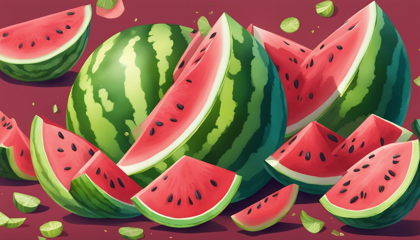 A watermelon being sliced open, revealing the vibrant red and juicy interior, with a few seeds scattered around