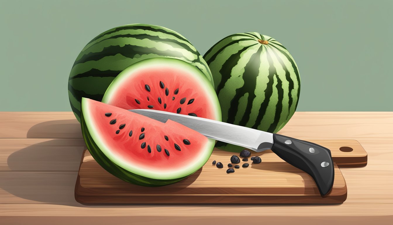 A ripe watermelon sliced open, with juicy red flesh and black seeds, sitting on a wooden cutting board next to a chef's knife