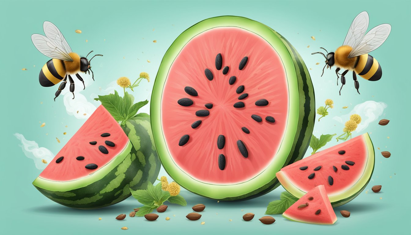 An overripe watermelon split open, oozing juice and seeds, attracting flies and bees. A sweet aroma fills the air