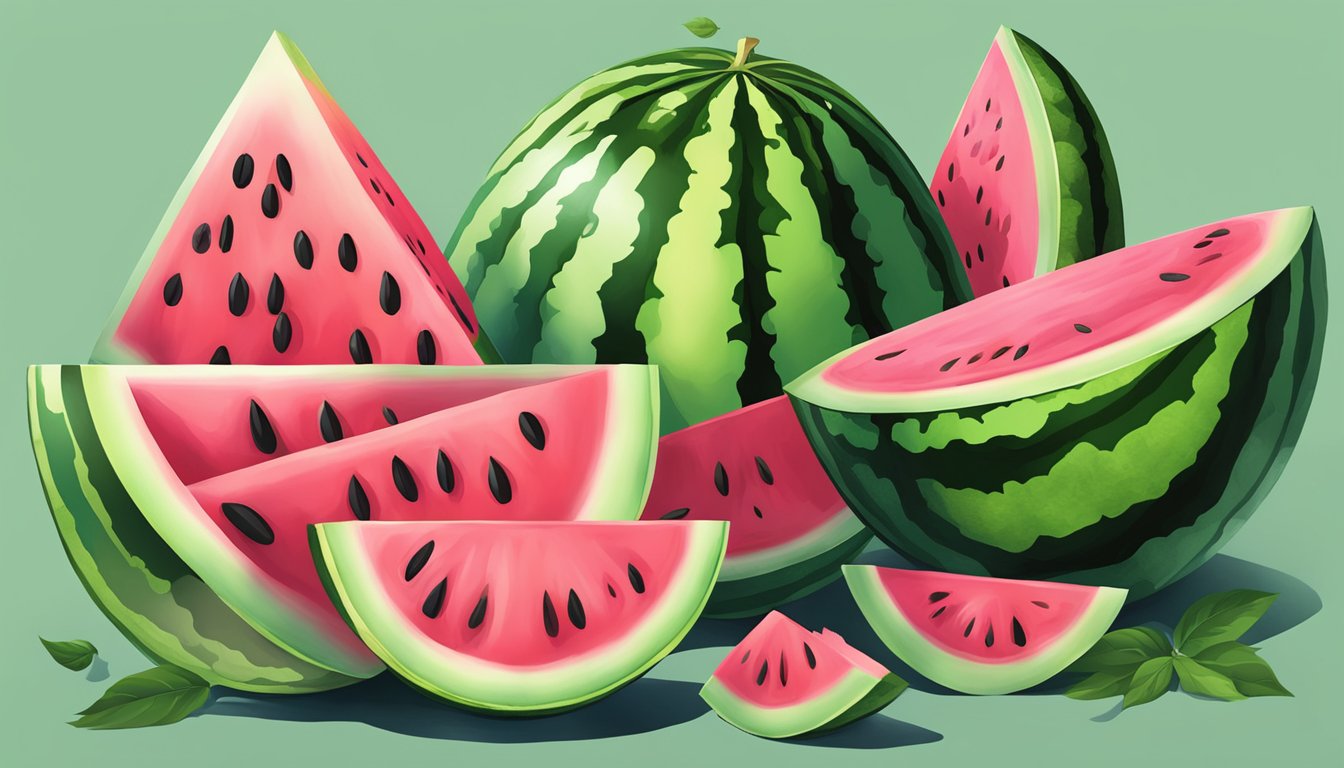 A colorful array of watermelons, varying in size and shape, with vibrant pink and green hues. Some are sliced open to reveal the juicy, red flesh and black seeds inside