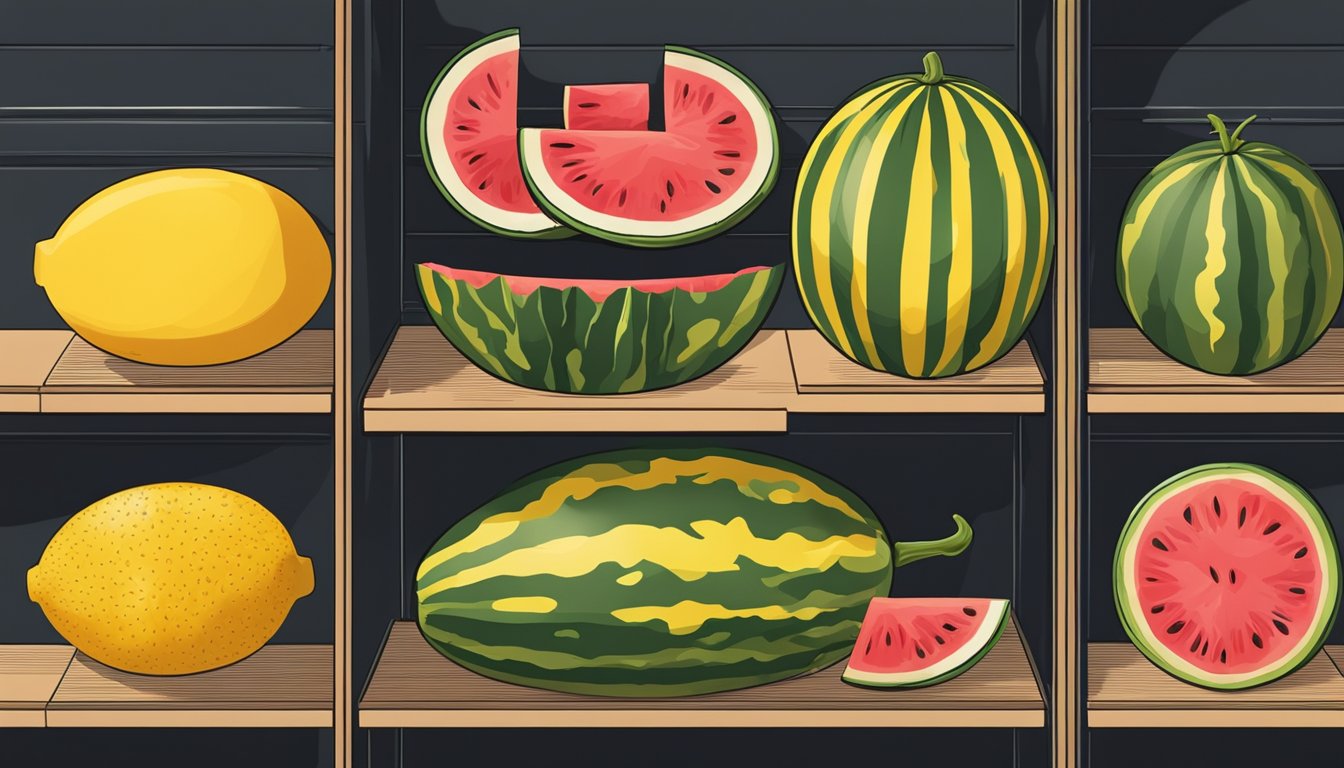 A hand reaching for a ripe watermelon, cutting it open to reveal the vibrant yellow flesh inside. The watermelon is placed in a cool, dark storage area