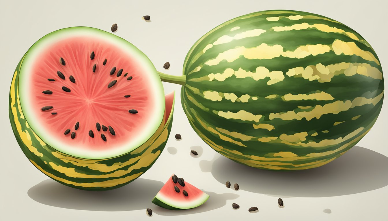 A watermelon cut open to reveal its yellow interior, with seeds scattered around