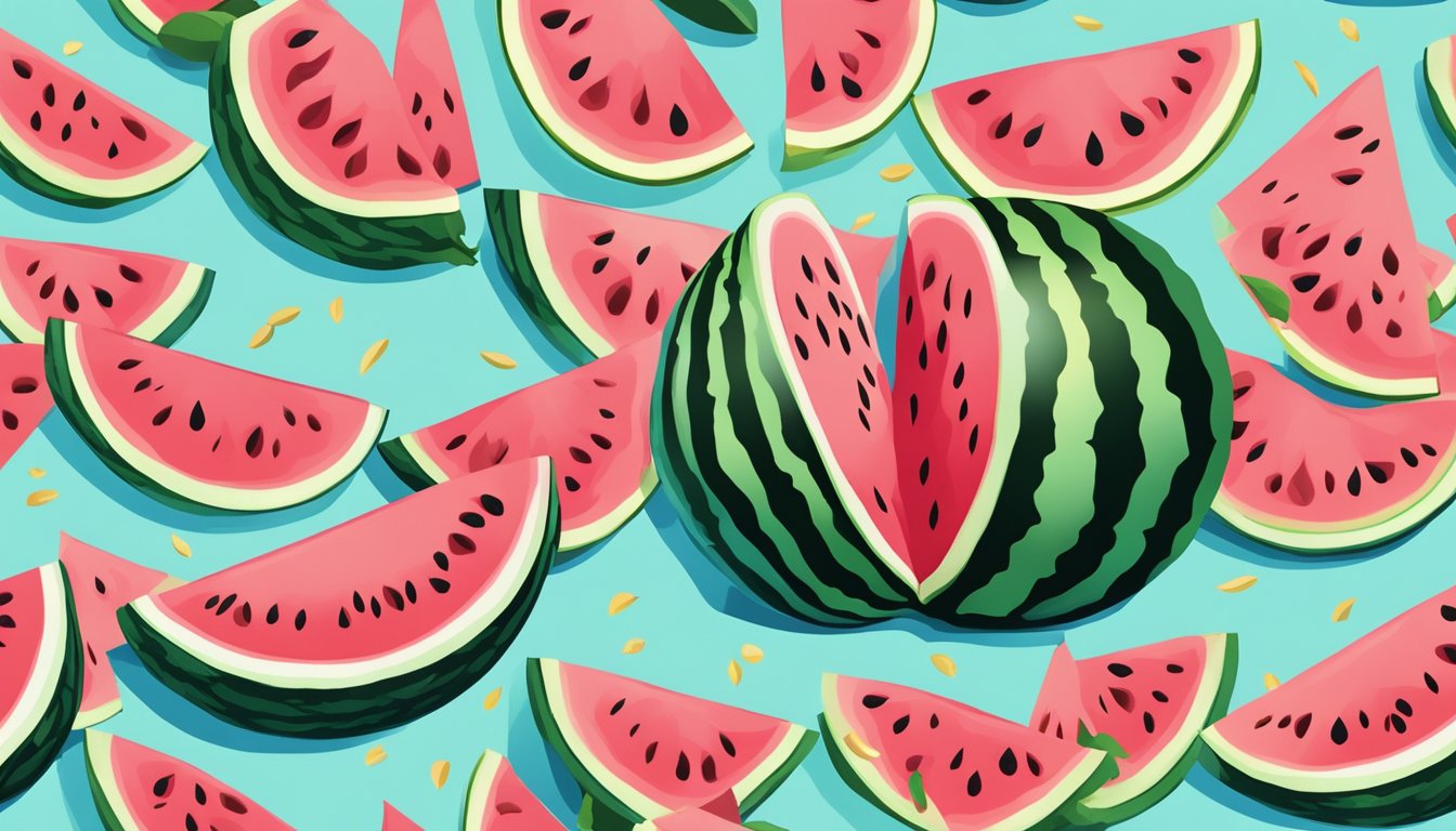 A ripe watermelon being sliced open, revealing vibrant pink flesh and seeds, surrounded by fresh green leaves and a clear blue sky