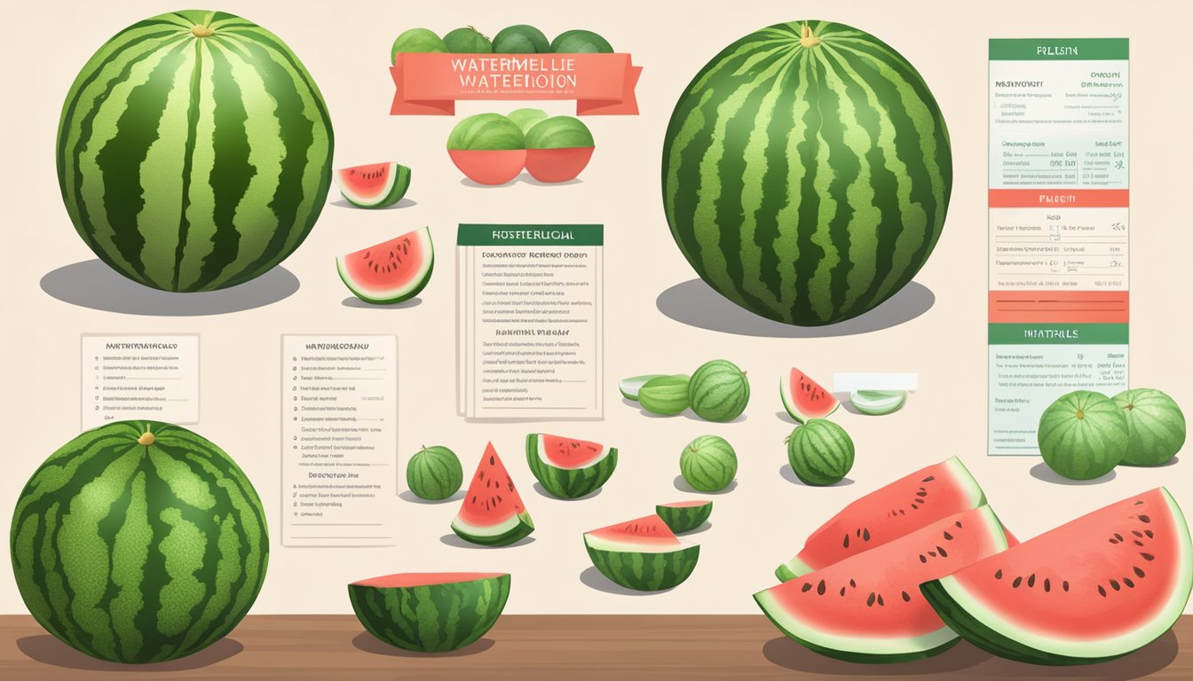 A variety of watermelons arranged on a table with nutritional information displayed next to each one