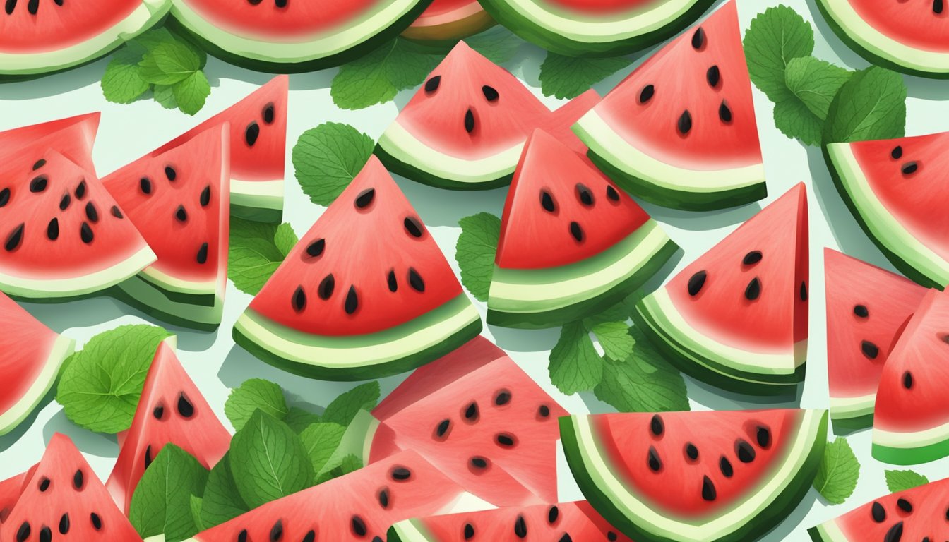 A colorful array of watermelon slices arranged on a wooden cutting board, surrounded by fresh mint leaves and a scattering of chia seeds