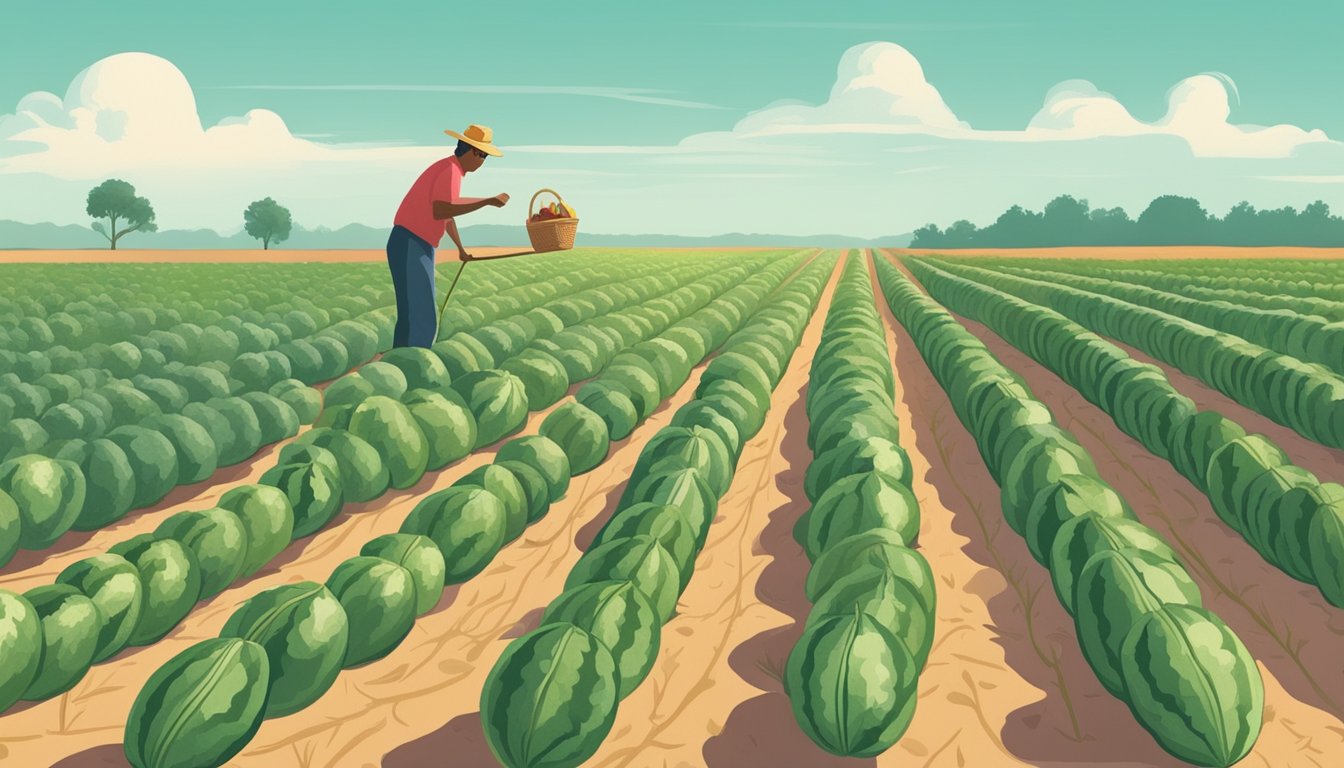 A farmer tending to rows of watermelon vines, with both regular and hybrid watermelons growing on the same plant