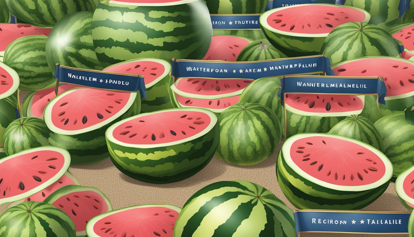 A watermelon patch with various types of watermelons labeled with award ribbons and recognition plaques