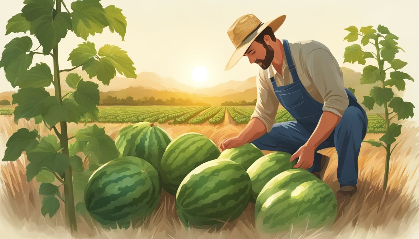 A farmer picking a ripe watermelon from a vine in a sunlit field