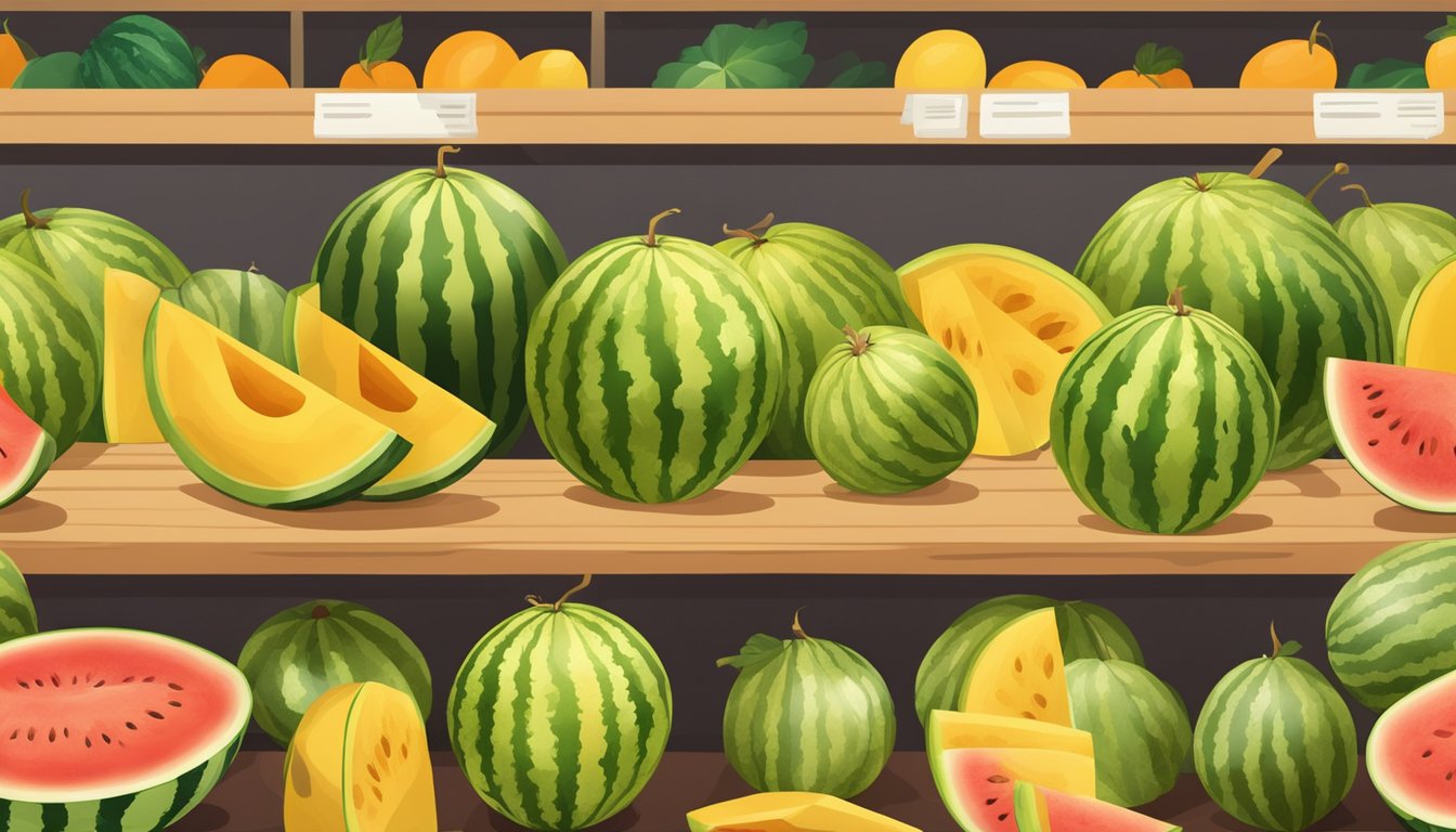 A ripe yellow watermelon sliced open, revealing its juicy interior, displayed in a grocery store surrounded by other fresh fruits