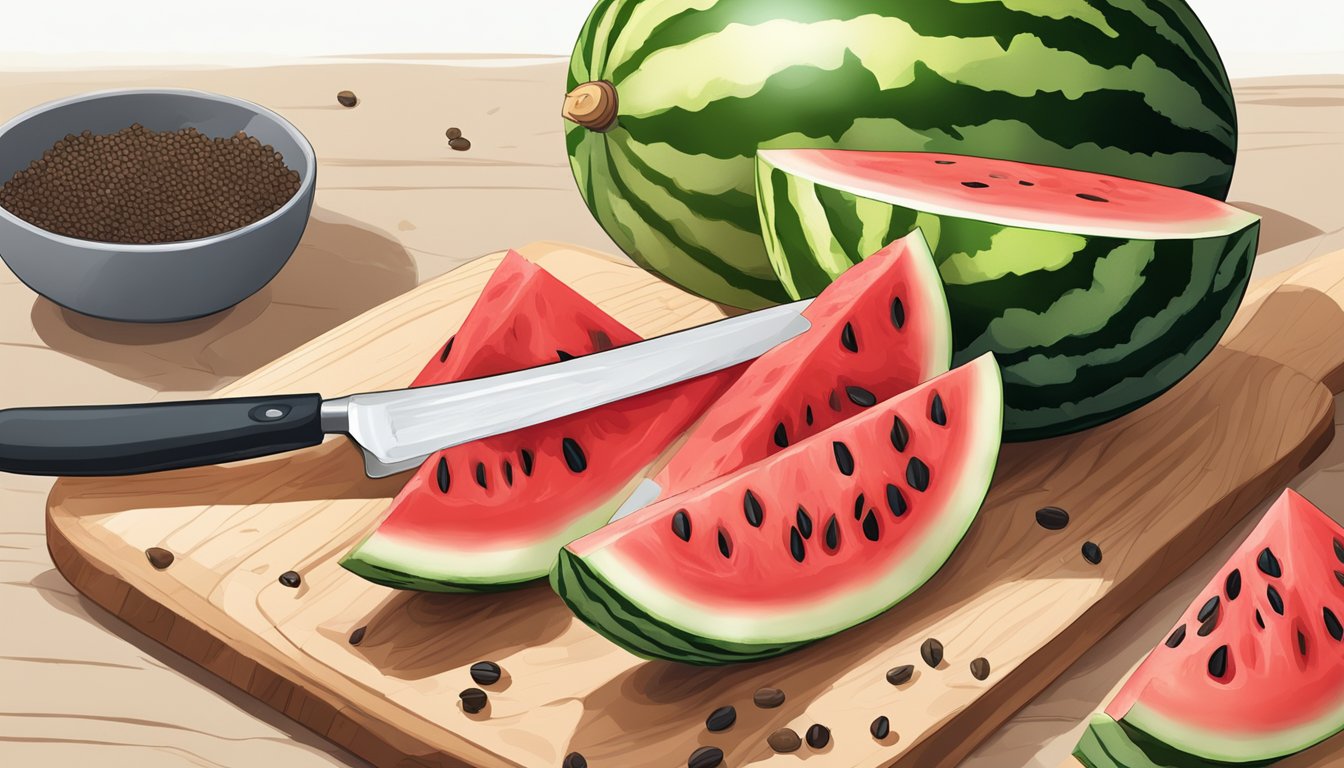 A watermelon being sliced open, revealing bright red flesh and seeds, with a small pile of sliced pieces on a cutting board