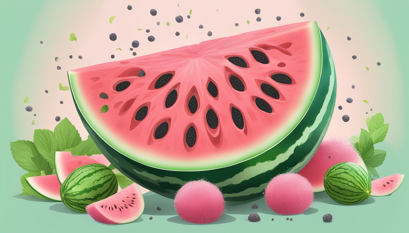 A ripe watermelon being sliced open, revealing its vibrant pink flesh and juicy seeds, surrounded by fresh mint leaves and a scattering of chia seeds