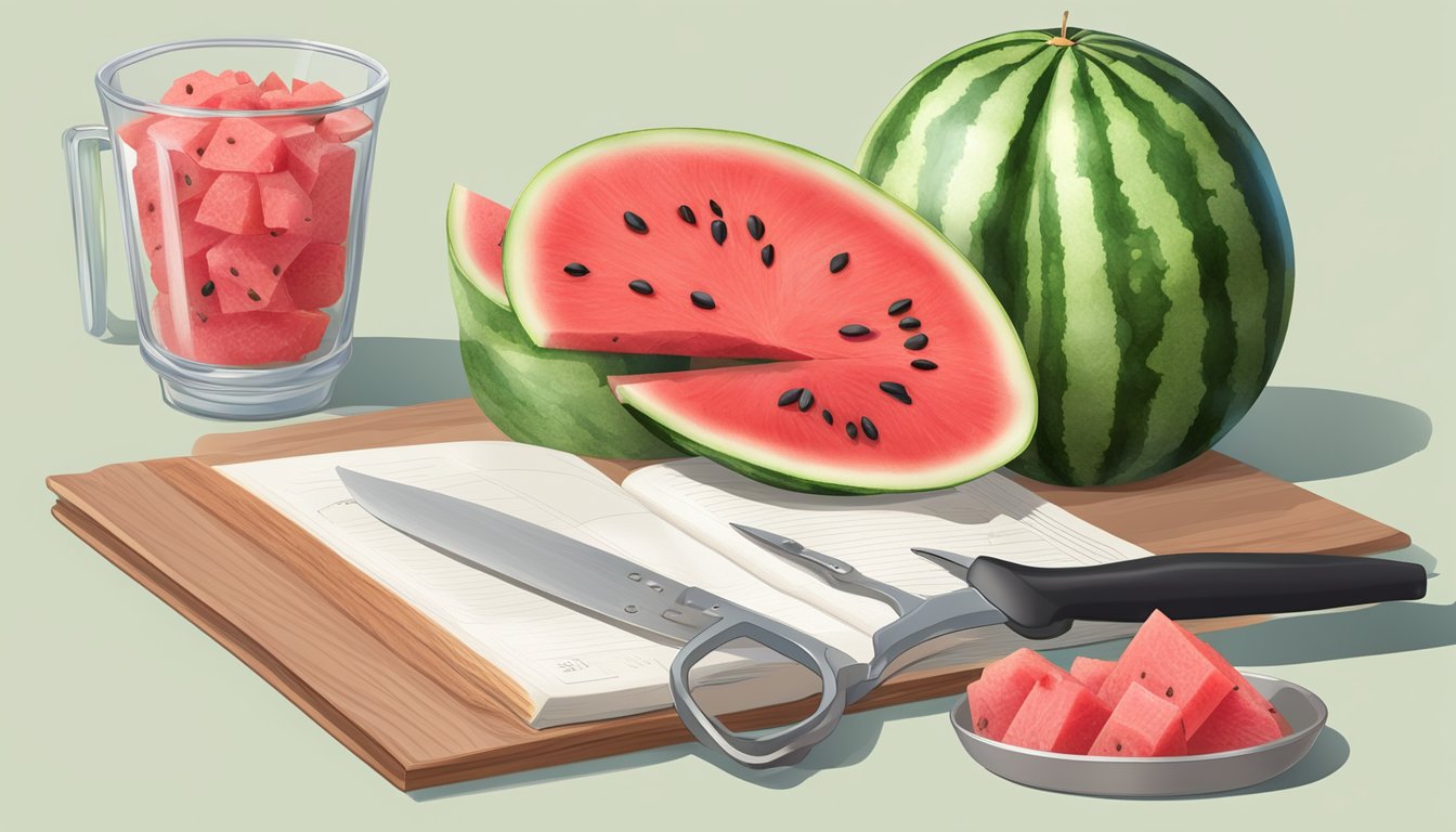 A ripe watermelon being sliced open, revealing juicy red flesh and seeds, with a scientific journal and measuring tools nearby