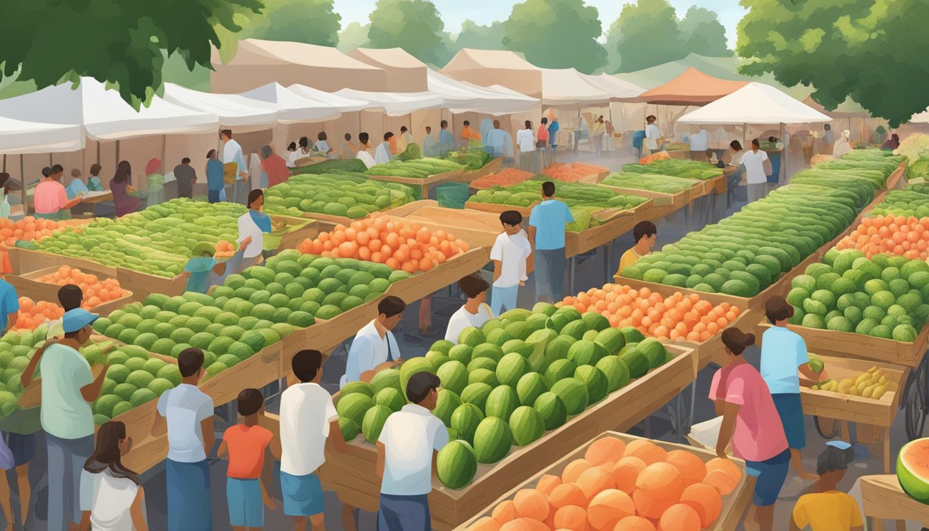 A bustling outdoor market with rows of ripe watermelons, some cut open for sampling, and customers carefully selecting their perfect melon