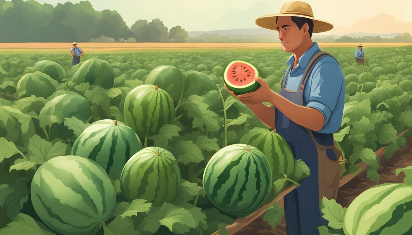 A farmer inspecting ripe watermelons in a field, with vines and leaves in the background