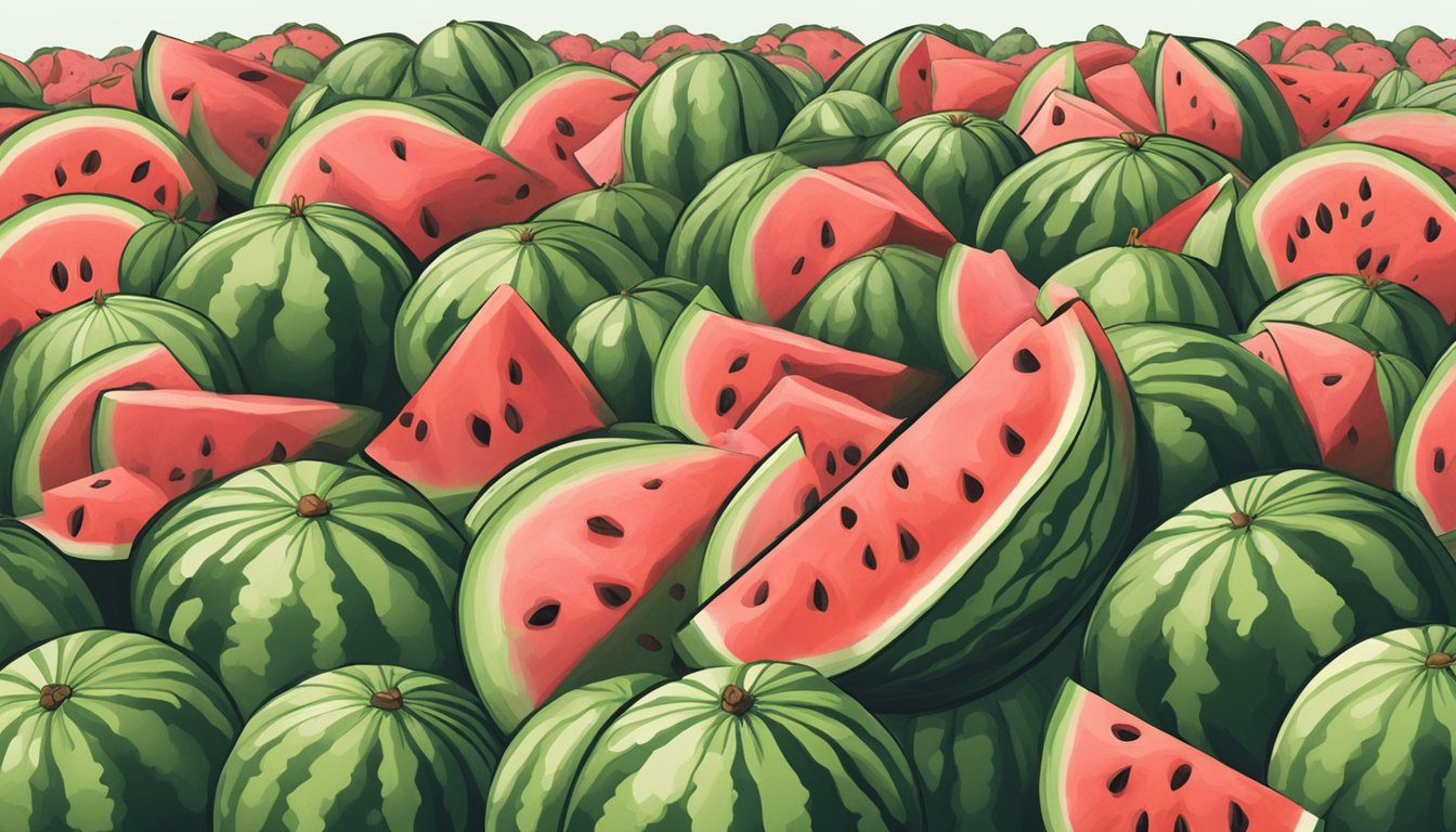 A hand selecting a ripe watermelon from a pile of overripe and underripe melons