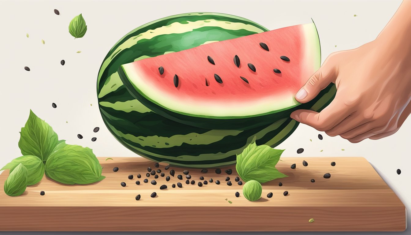 A hand reaching for a ripe, juicy watermelon on a wooden cutting board, surrounded by scattered seeds and a knife