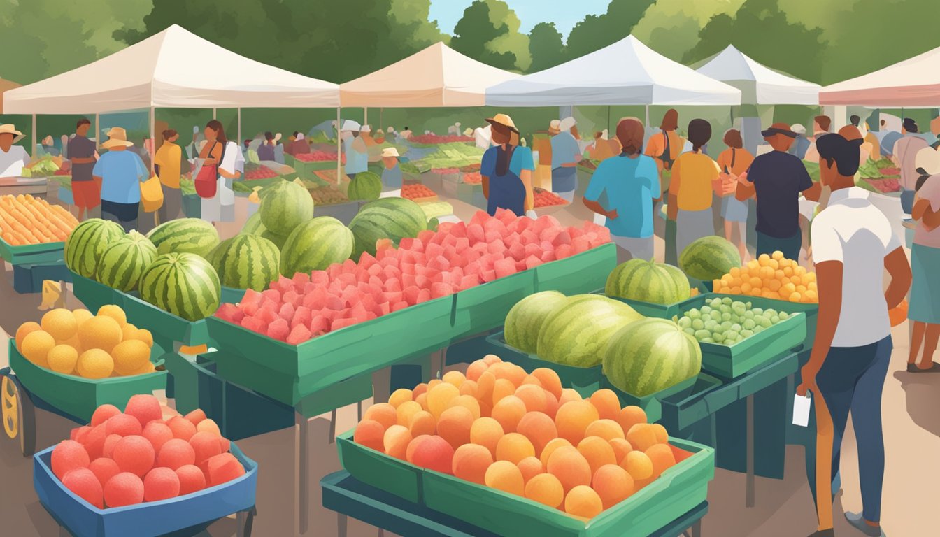 A bustling farmers' market with colorful watermelon stands and eager customers sampling and comparing different varieties