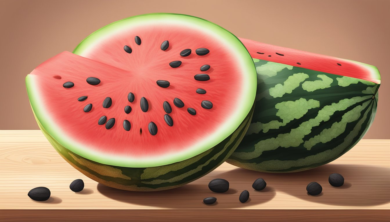 A watermelon sliced in half, with vibrant red flesh and black seeds, resting on a wooden cutting board