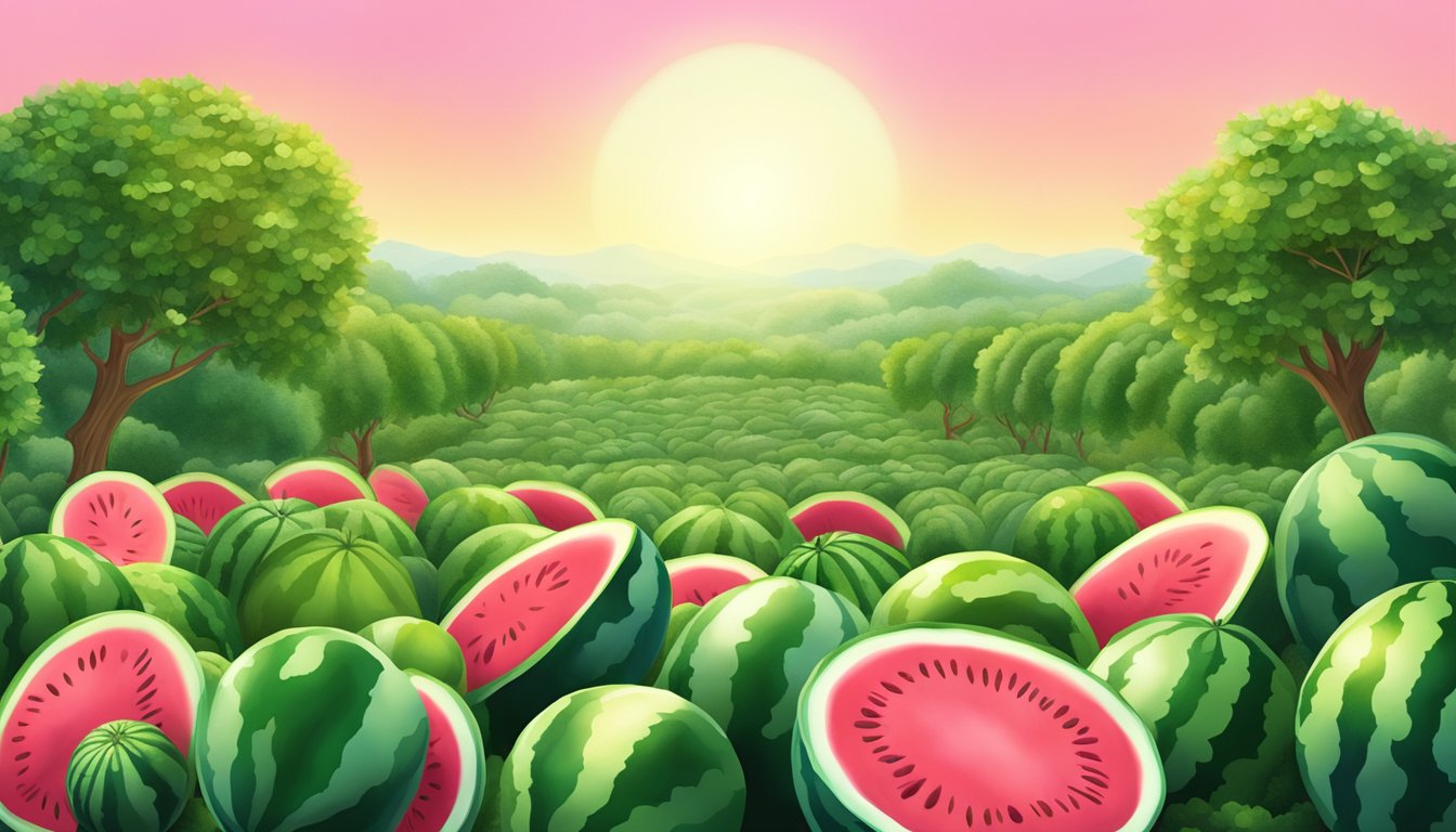 A watermelon patch with ripe, juicy fruit in various sizes and shades of green and pink, surrounded by lush green foliage and under a bright, sunny sky