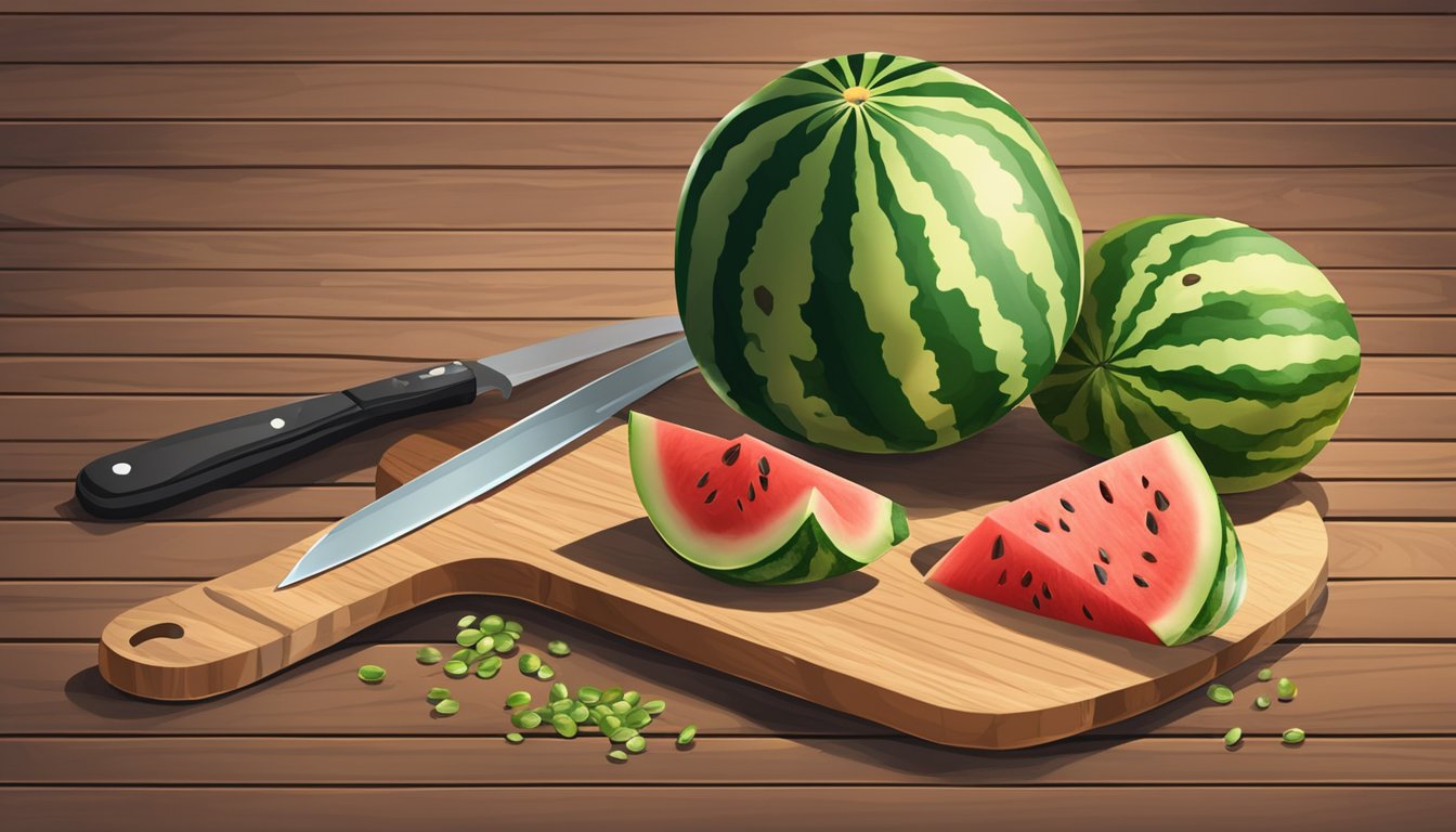 Ripe watermelon on wooden cutting board with knife and scattered seeds