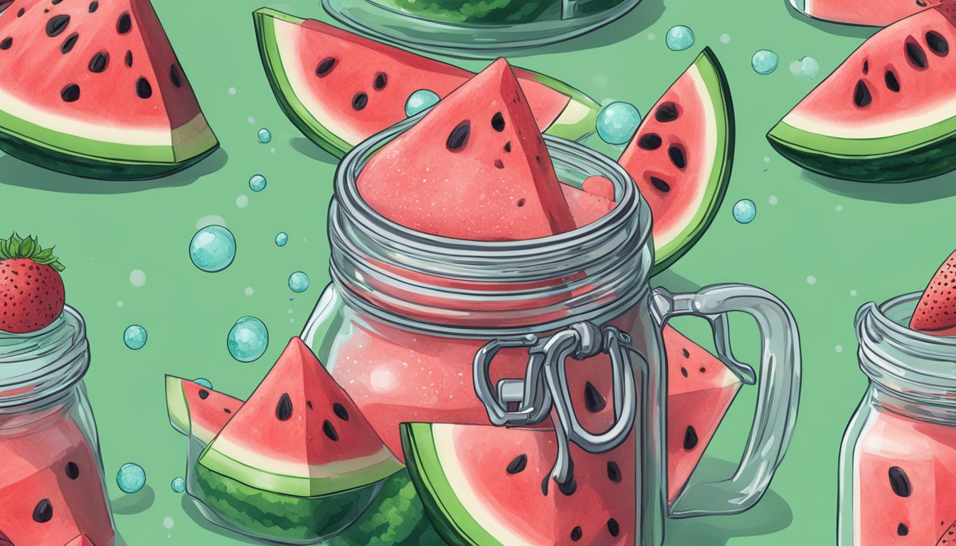 A watermelon sits in a glass jar, releasing bubbles and foam as it undergoes fermentation