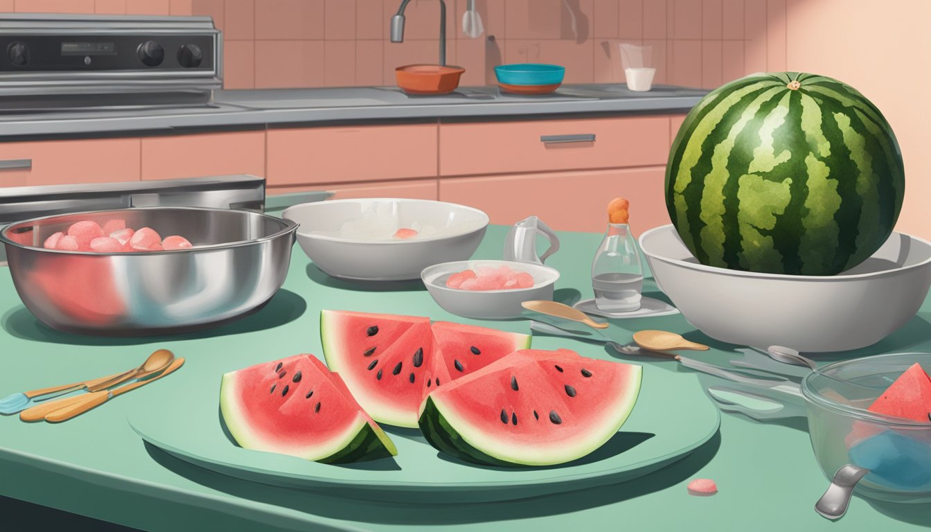 A watermelon sits on a countertop, foaming and oozing liquid. Surrounding it are scattered utensils and a concerned onlooker