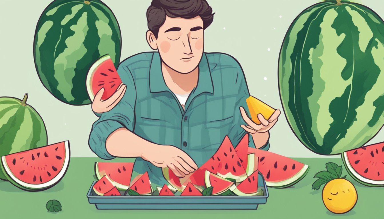 A hand selecting a watermelon with a frown while tasting a sour piece