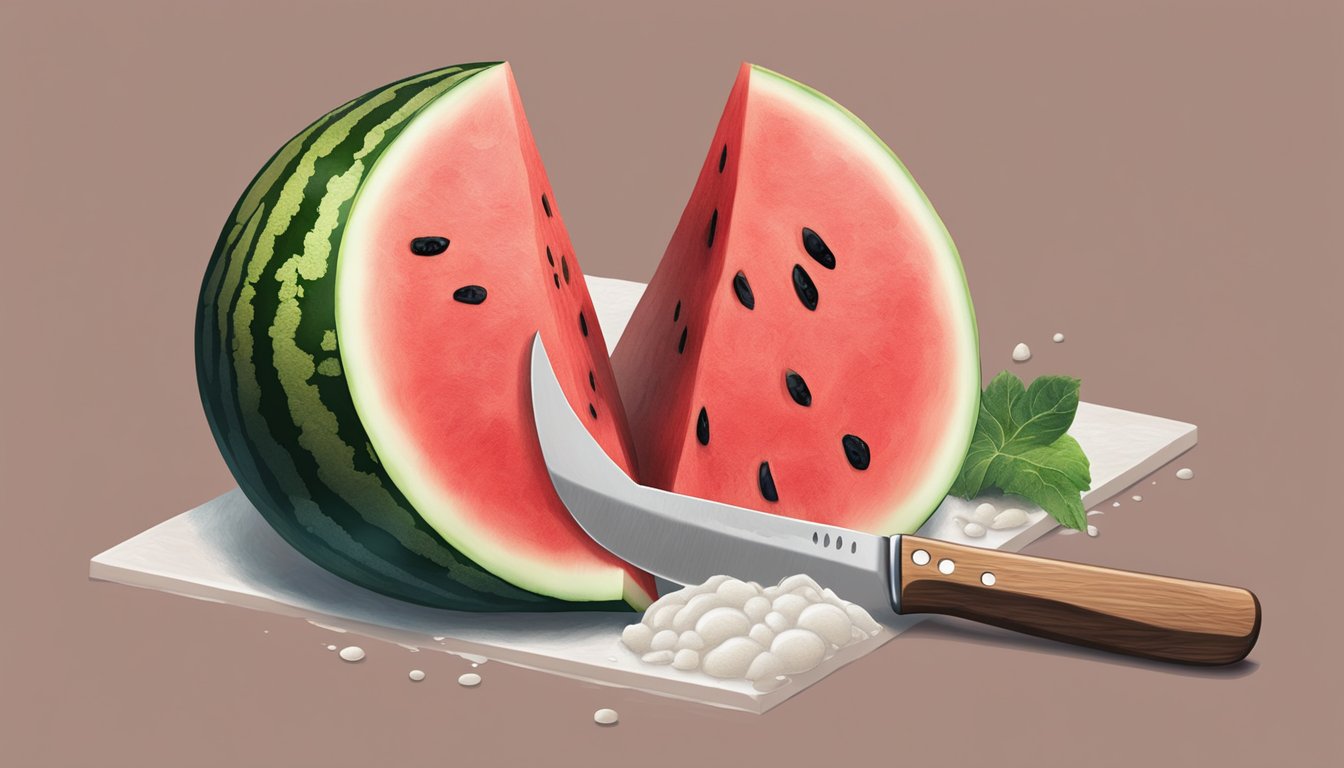 A watermelon sits on a clean, dry surface with a knife nearby. A small amount of foam oozes from the cut surface